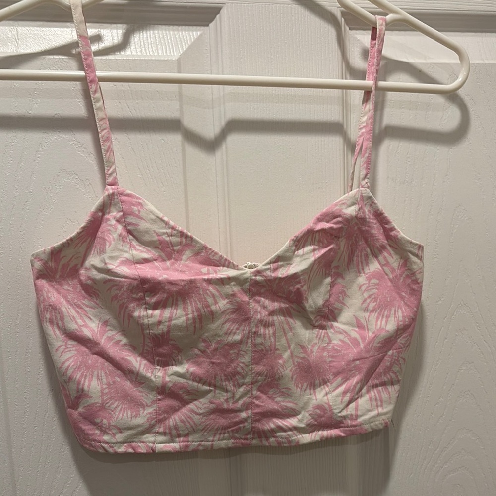 Pink and White Palm Print Crop Top